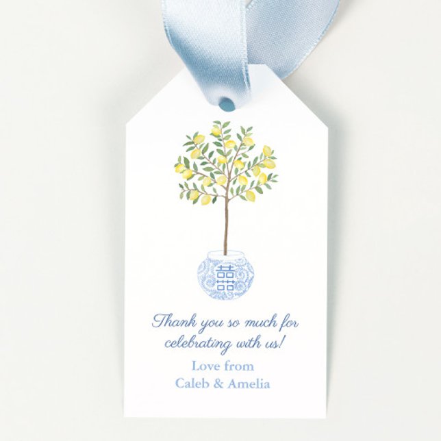 Étiquettes-cadeau Wedding shower de citron jaune pâle (Elegant chinoiserie citrus lemon tree in blue and white ginger jar planter couples shower favor tags)