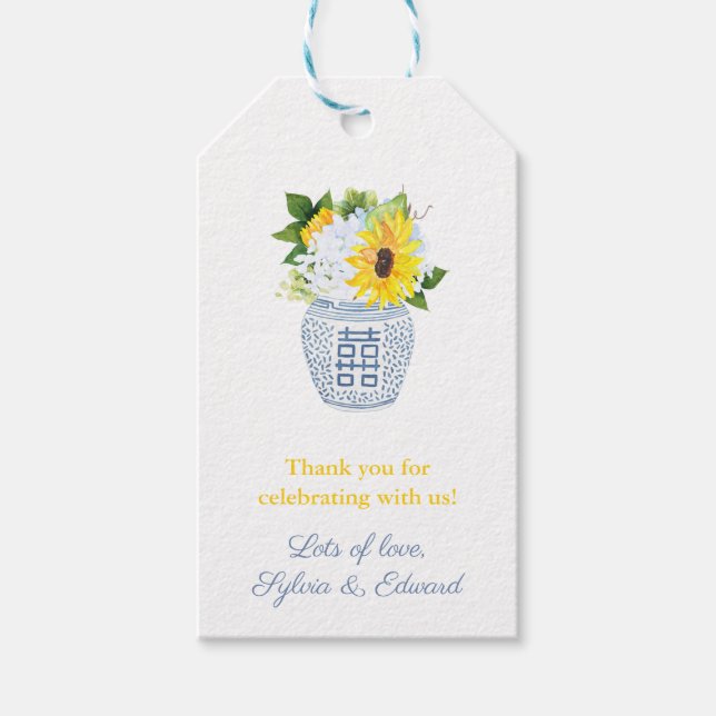 Étiquettes-cadeau Wedding shower de jarre de gingembre bleu et jaune (Devant)