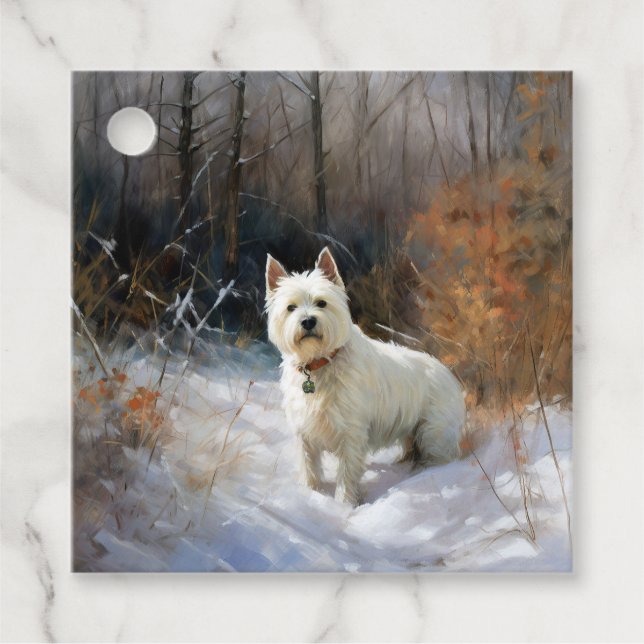 Étiquettes Cadeau West Highland White Terrier Laissons neiger Noël (Devant)
