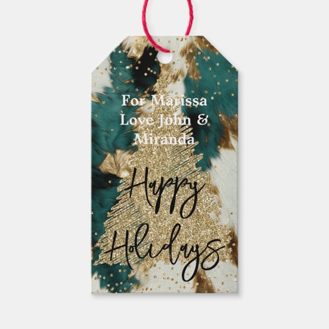 Étiquettes-cadeau Western Cowhide Green Gold Parties scintillant Tre (Devant)