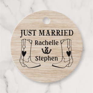 Étiquettes Cadeau Western Just Married Wood Cowboy Boots Pays