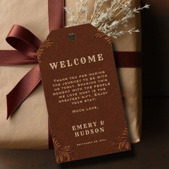 Étiquettes-cadeau Western Tooled Rustic Terracotta Cream Wedding (country rustic cowboy wedding welcome gift tag faux tooled leather terracotta rust western barn)