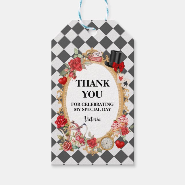 Étiquettes-cadeau Whimsical Alice Mad Hatter Pays des merveilles Ann (Devant)