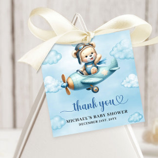 Étiquettes Cadeau Whimsical Blue Brown Teddy Bear Aviator Boy Shower