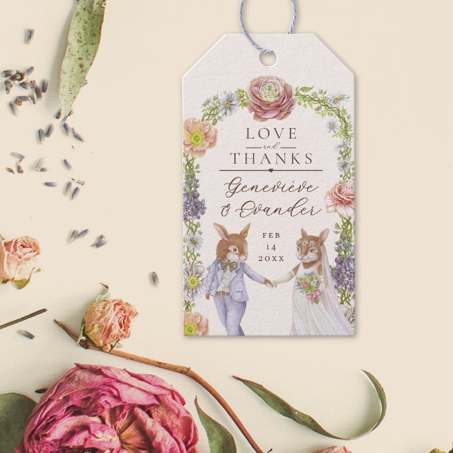 Étiquettes-cadeau Whimsical Boho Lapin Lapin Aimer Floral Mariage (Illustrated bunny rabbit themed wedding tags with watercolor flowers)