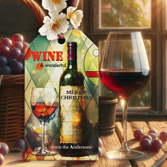 Étiquettes-cadeau Whimsical Wine Art Merry Christmas (Whimsical Christmas gift tag featuring a painting of a wine glass and bottle)