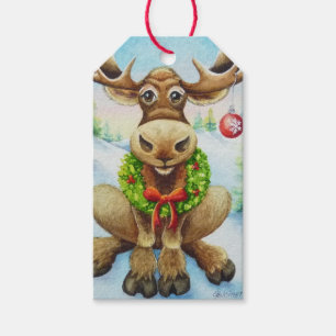 Étiquettes-cadeau Whimsical Winter Christmas Moose Watercolor Art