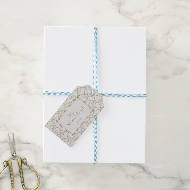 Étiquettes-cadeau White Great Gatsby Art Déco Gold Mariage (With Twine)