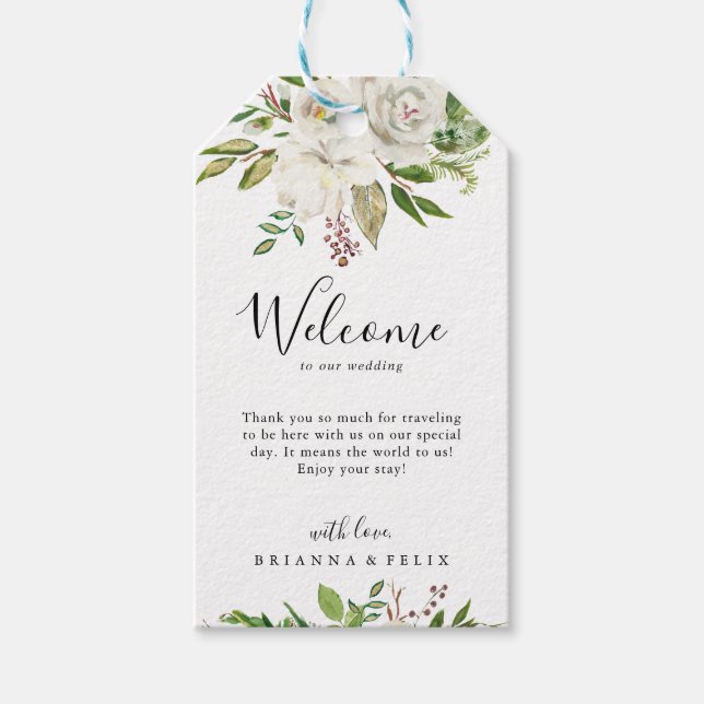 Étiquettes-cadeau White Winter Peony Floral Mariage Bienvenue (Devant)