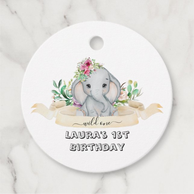 Étiquettes Cadeau Wild One - Baby Elephant and Flowers 1er anniversa (Devant)