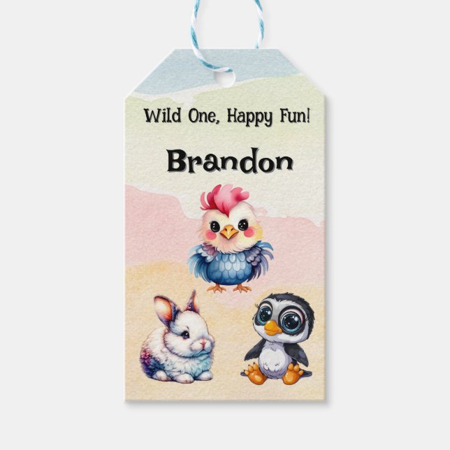 Étiquettes-cadeau Wild One Happy Fun Woodland Animaux Aquarelle (Devant)
