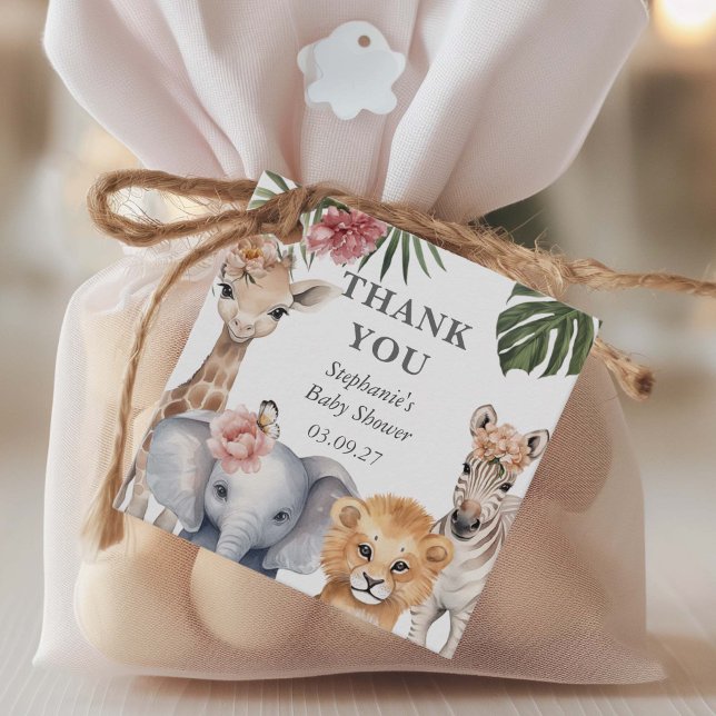 Étiquettes Cadeau Wild One Safari Animaux mignonette bébé fille douc (Safari Animals, Baby Girl Shower favor thank you tag.)
