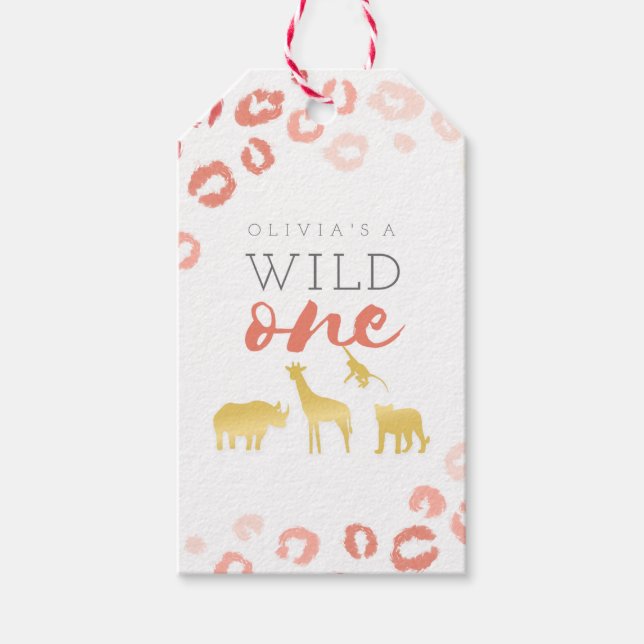 Étiquettes-cadeau Wild One Safari rose et or 1er anniversaire (Devant)