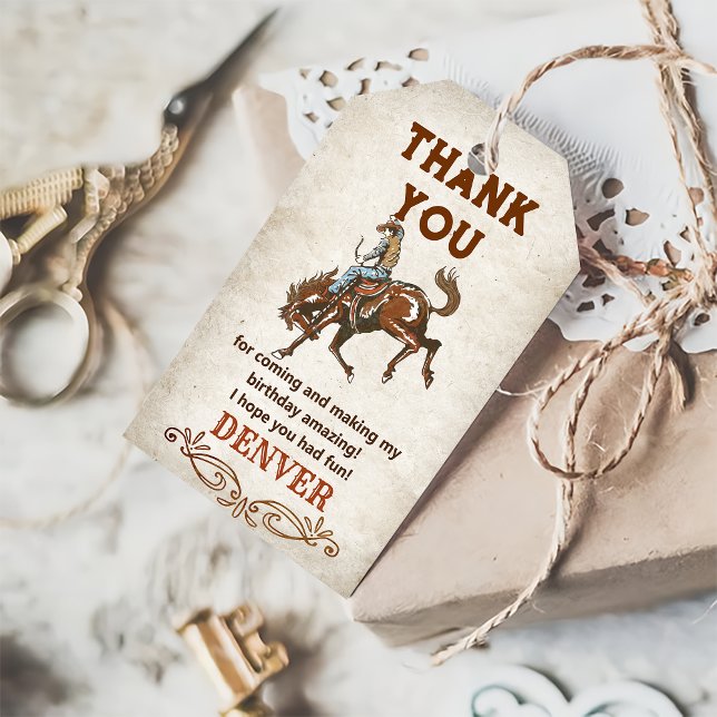 Étiquettes-cadeau Wild West Cowboy Merci de fête d'anniversaire Favo (Créateur téléchargé)