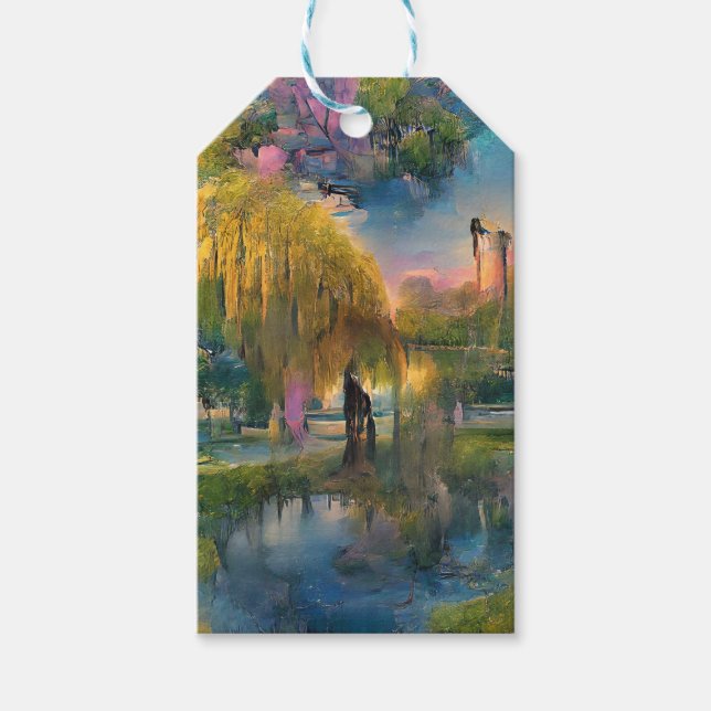 Étiquettes-cadeau Willow d'or au coucher du soleil près de l'étang (Devant)