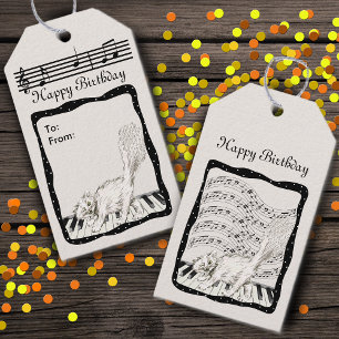 Étiquettes-cadeau Winking White Cat on Piano Bars de musique Notes
