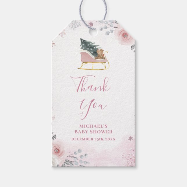 Étiquettes-cadeau Winter Pastel Pink Snowflake Sleigh Baby Shower (Devant)