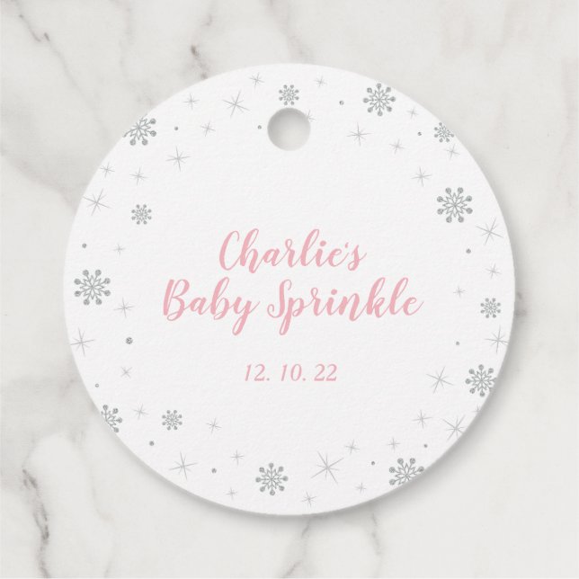 Étiquettes Cadeau Winter Wonderland Argent & Rose Girl Baby Sprinky (Dos)
