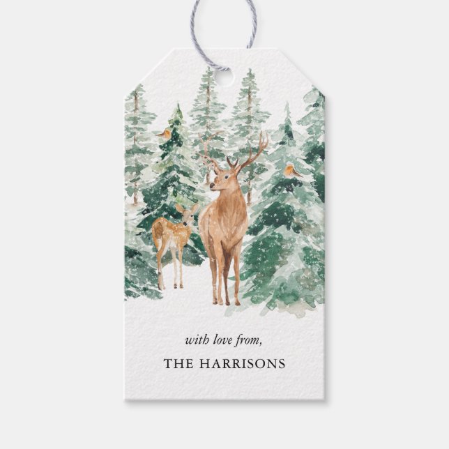Étiquettes-cadeau Winter Woodland Deer Noël rustique (Devant)