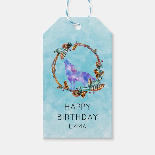 Étiquettes-cadeau Wolf aquarelle avec un style boho Wreath Anniversa (Devant)