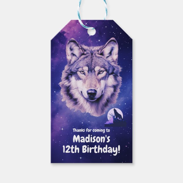 Étiquettes-cadeau Wolf Galaxy Stars Cosmique fête d'anniversaire (Devant)
