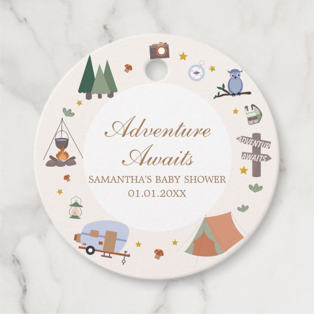Étiquettes Cadeau Woodland Adventure Attend le Baby shower de campin (Devant)
