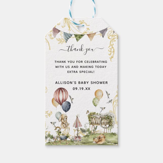 Étiquettes-cadeau Woodland Circus | MERCI BABY SHOWER (Devant)