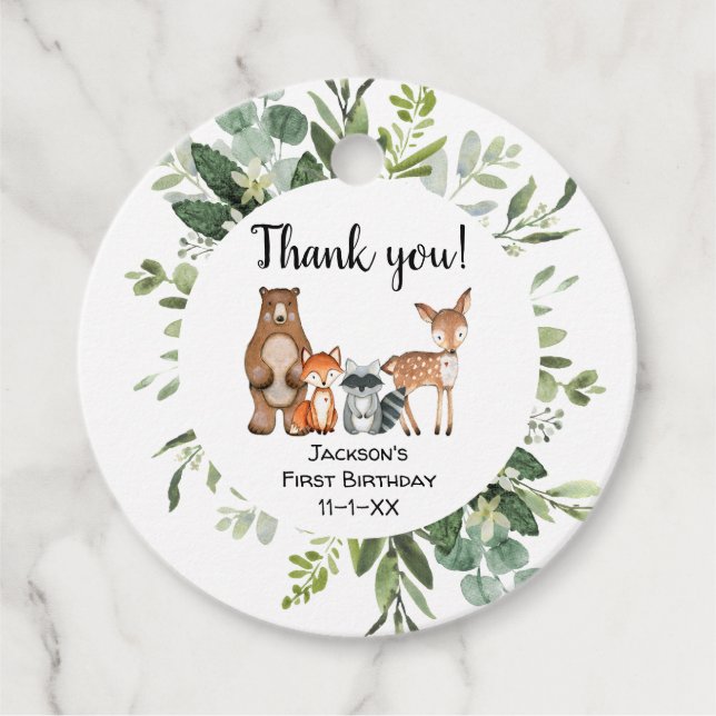 Étiquettes Cadeau Woodland forêt amis animaux anniversaire merci (Devant)