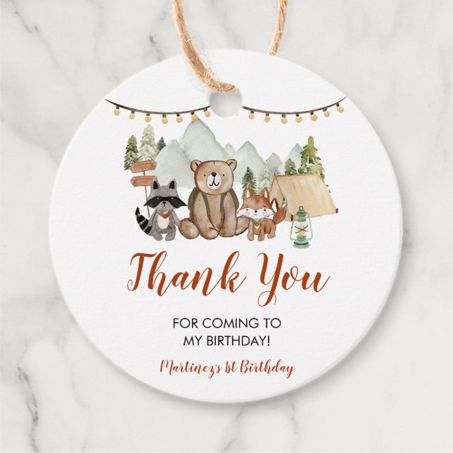 Étiquettes Cadeau Woodland One Happy Camper First Birthday Favoriser (Devant)