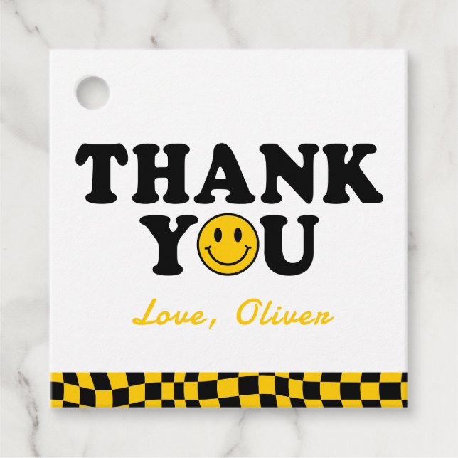 Étiquettes Cadeau Yellow Happy Smile Boy 1er anniversaire Merci (Devant)