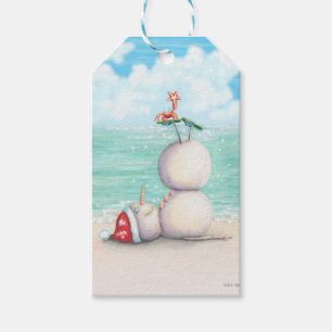 Étiquettes-cadeau Yoga tropical Snowman sur la plage