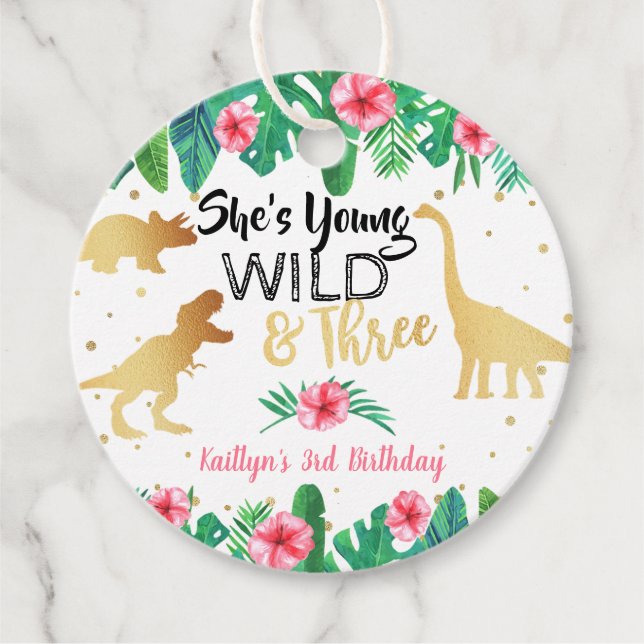 Étiquettes Cadeau Young Wild & Three Dinosaur Girls 3e anniversaire (Devant)