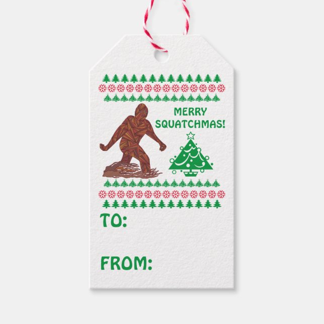 Étiquettes-cadeau Z Bigfoot Walking Avoir Un Squatchmas Très Joyeux (Devant)