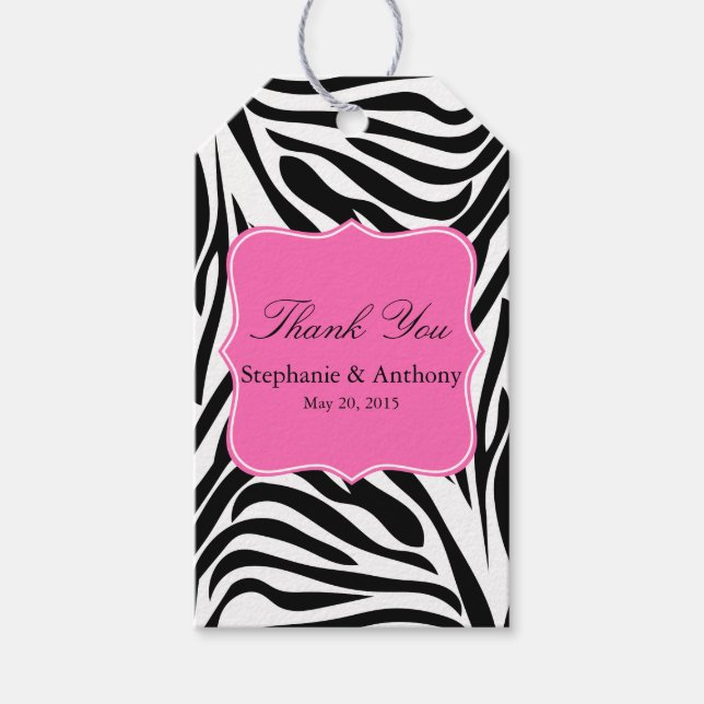 Étiquettes-cadeau Zèbre noir et blanc Impression et Merci rose chaud (Devant)