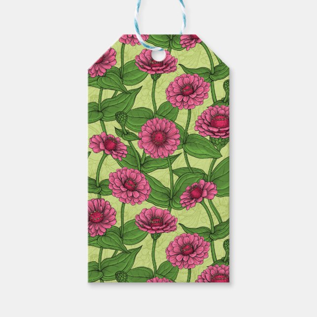 Étiquettes-cadeau Zinnias rose sur vert clair (Devant)