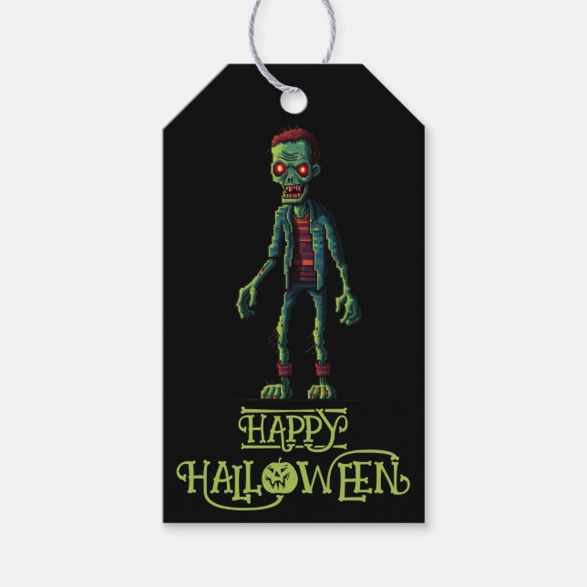 Étiquettes-cadeau Zombie Vert Squelettique | Soirée Halloween Enfant (Devant)
