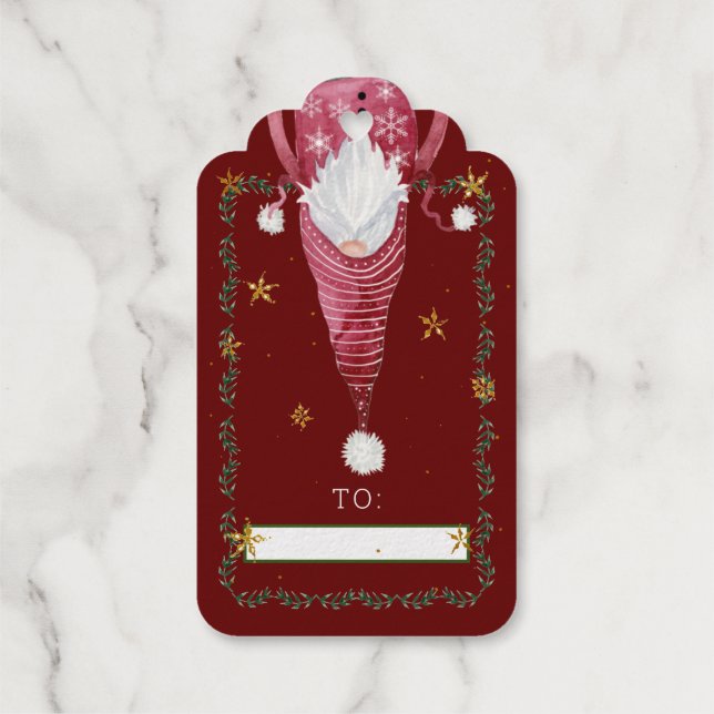 Étiquettes Cadeaux Aquarelle de Noël Gnomes Rouge Vacances Gold Stars (Verso)