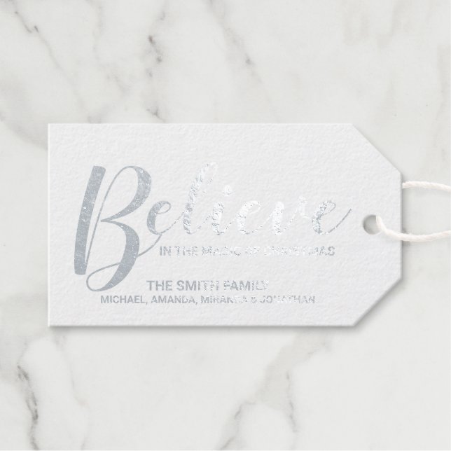 Étiquettes Cadeaux Balises cadeaux 'Believe' Festive Silver Foil (Recto (horizontal))