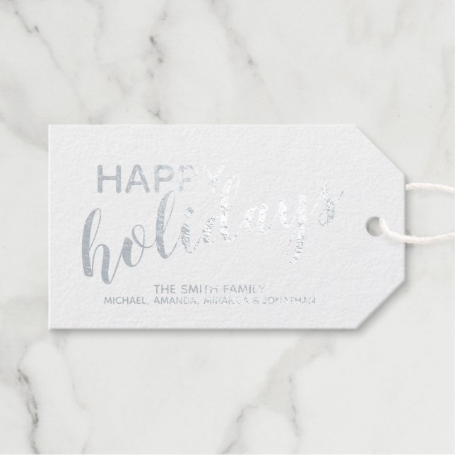 Étiquettes Cadeaux Balises cadeaux 'Happy Holidays' Festive Silver Fo (Recto (horizontal))