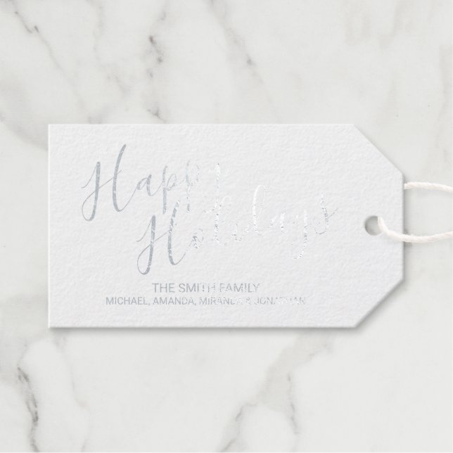 Étiquettes Cadeaux Balises cadeaux 'Happy Holidays' Festive Silver Fo (Recto (horizontal))
