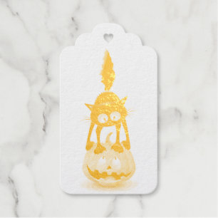 Étiquettes Cadeaux Dessin d'Halloween au chat effrayé sur Citrouille