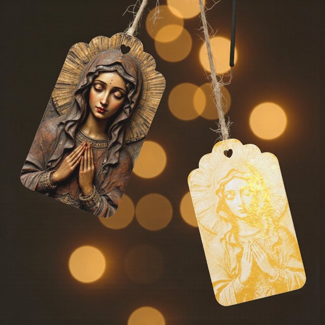 Étiquettes Cadeaux Dévotion sculptée Marie en bois (Créateur téléchargé)