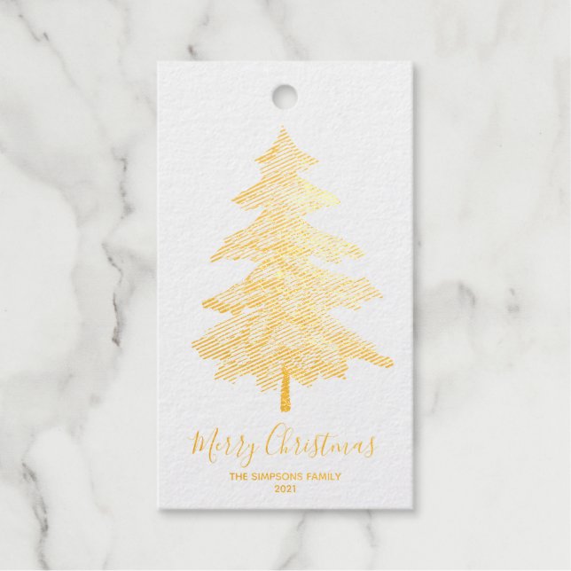 Étiquettes Cadeaux Élégant Arbre de Noël doré Script Message Photo (Recto)