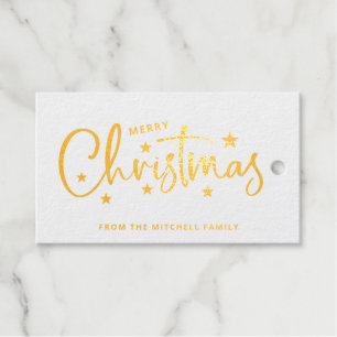 Étiquettes Cadeaux Étoiles de Noël   Script manuscrit Holiday Gold