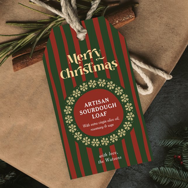 Étiquettes Cadeaux Faits Main Rayures Rouges et Ve (Vintage Christmas handmade gifts hang tags with red and green stripe patter and retro font)