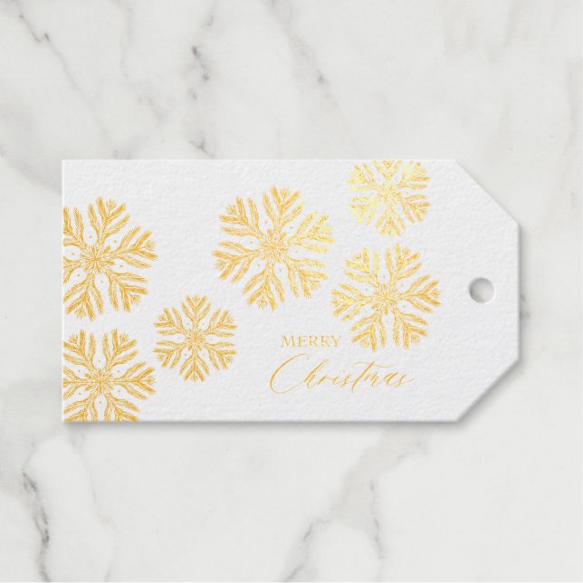Étiquettes Cadeaux Golden Snow Flakes Joyeux Noël (Recto (horizontal))