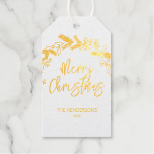 Étiquettes Cadeaux Joyeux Noël Brush Script Pine Berry Feuilles