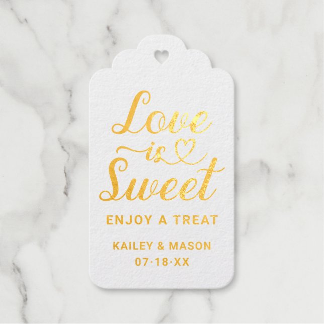 Étiquettes Cadeaux Love is Sweet Modern Heart Script Mariage Gold (Recto)