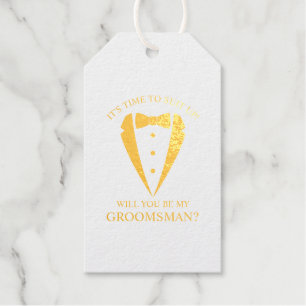 Étiquettes Cadeaux Mariage Or Tuxedo Suit Groomsman Proposition