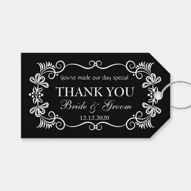 Étiquettes cadeaux Merci mariage | Black White Swi (Devant (Horizontal))